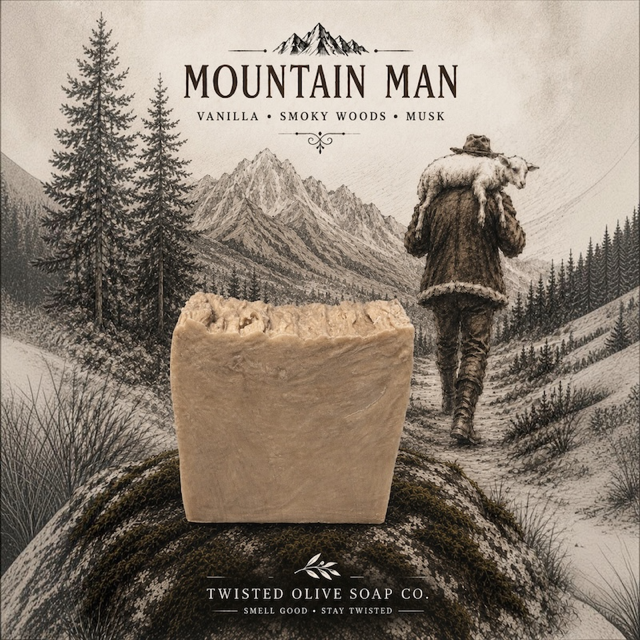 A rectangular bar of soap stands on a rock in front of a sepia-toned mountain landscape illustration. Text at the top reads 'MOUNTAIN MAN' with notes 'VANILLA • SMOKY WOODS • MUSK,' and the bottom reads 'TWISTED OLIVE SOAP CO.  Smell Good. Stay Twisted is the slogan at the bottom